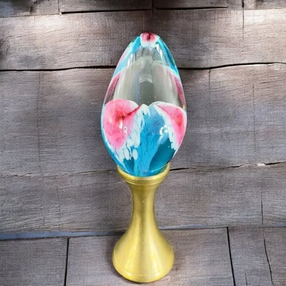 Vintage 1995‎ GES Glass Eye Studio Egg Shape Paperweight On Brass Stand Figure